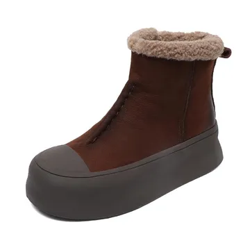 Johnature Retro Plush Warm Women s Boots Genuine Leather Thick Soled Casual Versatile Short Boots 35 коричневый