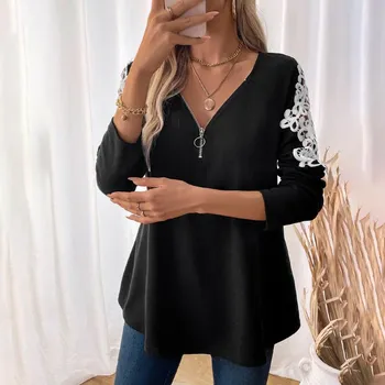 IHUASU Women s Lace Patchwork Long Sleeve T-Shirt Versatile Comfortable Top S чёрный