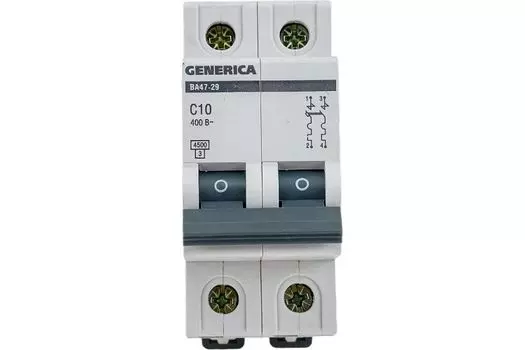 Автоматический выключатель GENERICA MVA25-2-010-C ВА47-29 2Р 10А 4,5кА х-ка С ИЭК