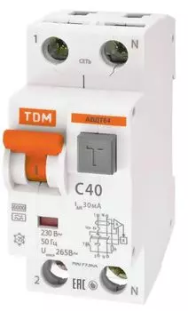 Автомат дифференциальный TDM SQ0205-0010 АВДТ 64 2Р(1Р+N) C40 30мА тип А защита 265В