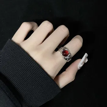Нерегулярные кольца с камнем, эстетичная девушка, полые кольца с красным камнем для женщин, Y2K, открытое кольцо с бутоном цветка, винтажные ювелирные изделия 01