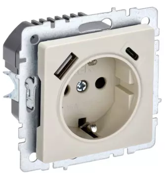Розетка с заземлением IEK BR-R14-16-U22-018-K10 BRITE с защитными шторками 16А с USB A+C 18Вт РЮш11-1-БрКр Бежевый