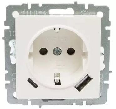 Розетка с заземлением с 2 USB IEK FP-R14-16-U22-018-K01 FORTE&PIANO с защитными шторками в/к 16А тип A+тип C 18Вт FP247 белый