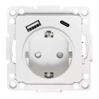 Розетка с заземлением с 2 USB механизм EKF EYR16-2USB-typeA-typeC Стокгольм 16А винтовые клеммы белый с защитными шторками