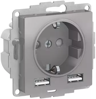 Розетка с заземлением с 2 USB Systeme Electric ATN000330 AtlasDesign A+A, 5В/2,4А, 2х5В/1,2А, механизм, Алюминий