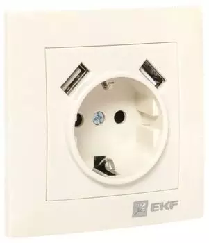 Розетка с заземлением с 2 USB в сборе EKF EWR16-028-20-2USB Валенсия 16А кремовая с защитными шторками 2,1А
