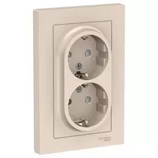 Розетка Schneider Electric ATN000226 AtlasDesign, двойная, с заземлением, со шторками, 16А, в сборе, бежевая