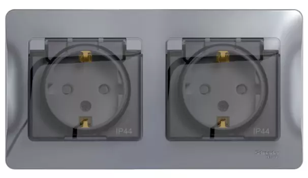 Розетка Schneider Electric GSL000347 Glossa 2-ая с/з, со шторками, в сборе, IP44 алюминий