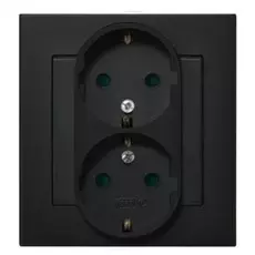 Розетка Ospel GP-2RSP/33 двойная, с заземлением Schuko, с защитными шторками, 16A, 250V, 3520W, IP-20, клеммы винтовые, черный металлик