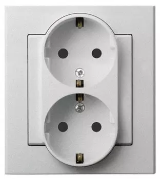 Розетка Ospel GP-2RSP/38 двойная, с заземлением Schuko, с защитными шторками, 16A, 250V, 3520W, IP-20, клеммы винтовые, серебро матовое