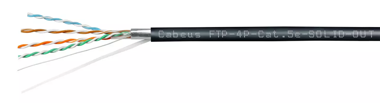 Витая пара FTP кат.5e, 4 пары, CU, 0.5 мм, 305м., внешний, одножильный, черный, Cabeus (FTP-4P-CAT.5E-SOLID-OUT-LSZH-UV)