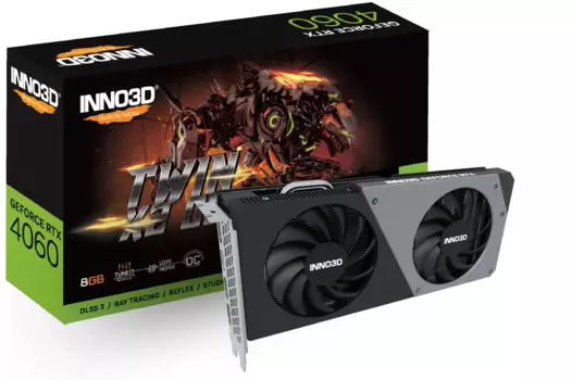 Видеокарта Inno3D NVIDIA GeForce RTX 4060 Twin X2, 8Gb GDDR6, 128 бит, PCI-E, 2HDMI, 2DP, Retail (N40602-08D6-173051N)