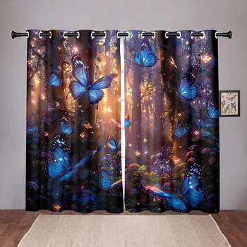 2 Pcs Magical Butterfly Curtains 3D Night Glow Forest Print Bedroom Living Room Decor Colorful Insect Fantasy Landscape 50W130H(CM)X2PCS&Grommet Top