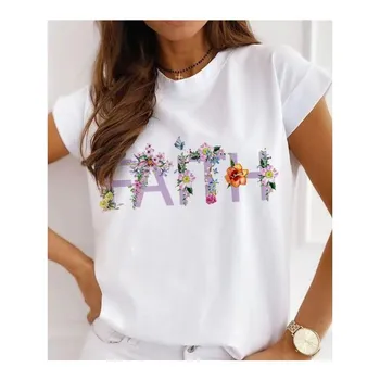 Summer Round Neck 3D Flower Cross Print Top Fashionable Casual Short Sleeved Women s T-shirts S