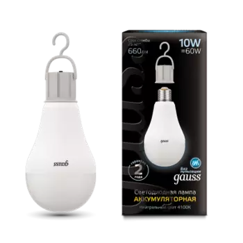 Лампа Gauss LED A60 10W E27 660lm 4100K с Li-Ion аккумулятором (102402200)