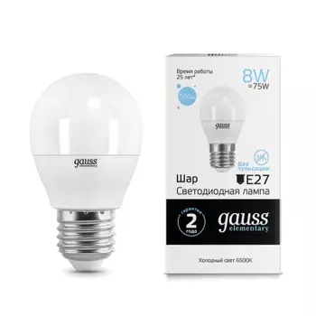 Лампа Gauss LED Elementary Шар 8W E27 560lm 6500K (53238)