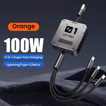 3 в 1 выдвижной телефонный кабель для передачи данных Type C Usb 100 Вт кабель для быстрой зарядки подходит для iPhone Huawei Xiaomi Android Micro