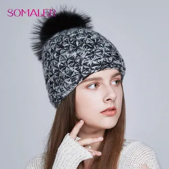 SOMALER теплые зимние шапки ручной работы для женщин, шапки с помпоном из натурального меха лисы/енота, разноцветные шапки F