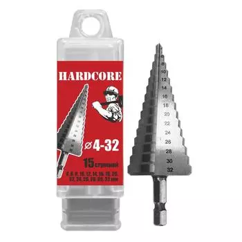 Сверло ступенчатое по металлу Hardcore 142432 (диаметры 4-32 мм, 15 ступеней)