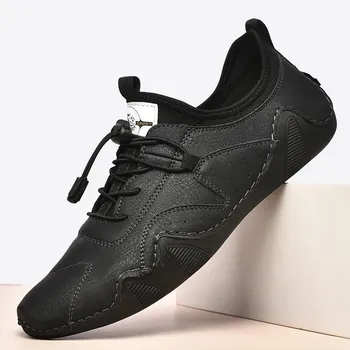 Fashion Men Leather Shoes Casual Shoes Loafers Moccasin Sneakers Breathable Slip-On Driving Men s Shoes Large Size Zapatillas De Deporte 38 коричневый
