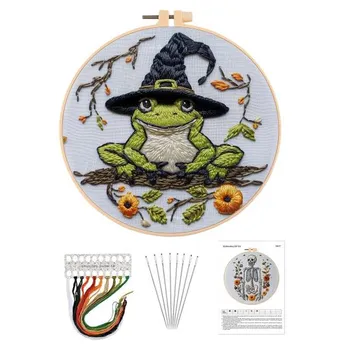 1 Set Halloween Embroidery Kit with Hoop Threads Scissors Threader Beginners Gothic Stamped Cross Stitch Hand Embroidery Starter Kit DIY Enthusiasts A