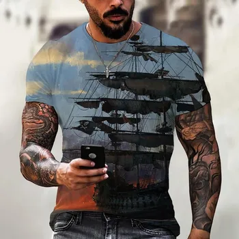 Summer New Men s Vintage 3D Print Pattern Pirate Ship Round Neck Short Sleeve Top S