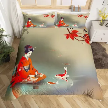 Пододеяльник Koi King Cherry Blossom Комплект постельного белья Ukiyo-e с изображением морских животных в японском стиле с изображением сакуры, розовый романтический пододеяльник EU single(135x200cm)