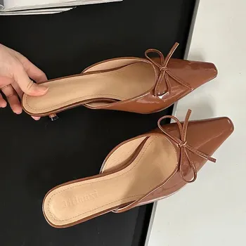 Fashion Fashion Butterfly-Knot Ladies Thin Heels Shoes Pointed Toe Pumps Slides Footwear Women Medium Heels Female Slippers Mules 2024 35 красный