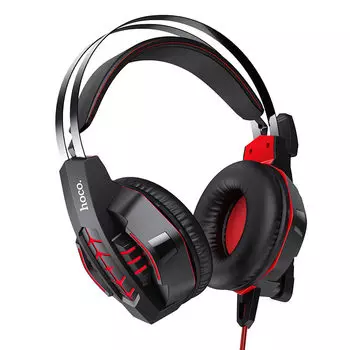 Проводная гарнитура Hoco W102 Cool tour gaming, 2xjack 3.5mm/jack 3.5mm/USB (подсветка), черный/красный (6931474740922)