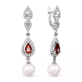 Серьги с жемчугом, гранатами и фианитами Линии Любви