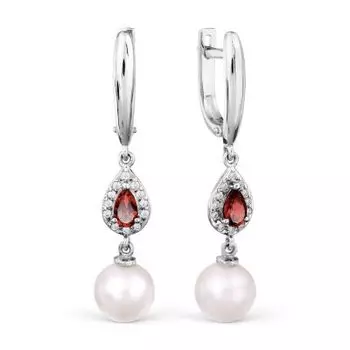 Серьги с жемчугом, гранатами и фианитами Линии Любви