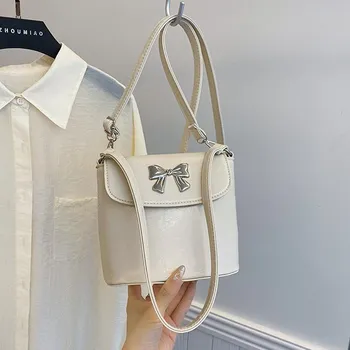 Summer Small Fresh Bucket Bag Mori Girl Shoulder Messenger Bag Solid Color Bow Armpit Bag серебряный