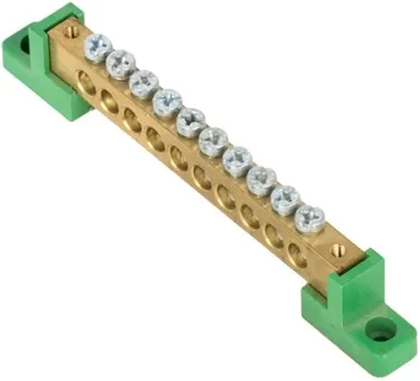 Шина EKF sn0-125-10-2-pe "0" PE 8x12мм 10 отверстий латунь с контактной пластиной 2 зелёных угловых изолятора