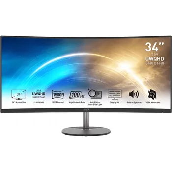 Монитор 34" MSI PRO MP341CQ 9S6-3PB2CT-027 3440x1440,VA,Curve 1500R,21:9,1ms(MPRT),3000:1,100M:1,300nit,178/178,2xHDMI 2.0,DP 1.2,Tilt,Speaker,VESA,10
