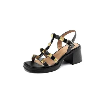Fashion New Summer Women Platform Sandals Square Head Metal Rivet Decor Roman Sandals Belt Buckle Genuine Leather Chunky Heeled Sandals 35 белый