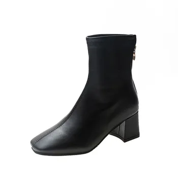 Fashion Women s Temperament Square Toe Short Boots 2024 Spring and Autumn New Style White Thick Heel Fashion Simple Single Shoes Summer 35 бежевый
