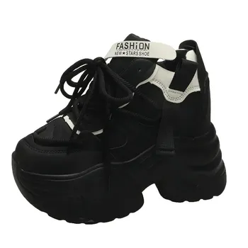 Fashion Women Walking Sneakers Autumn Lace-up High Platform Chunky Shoes Breathable Leather Shoes 10.5CM Winter Wedge Heels Casual Shoes 34 хаки