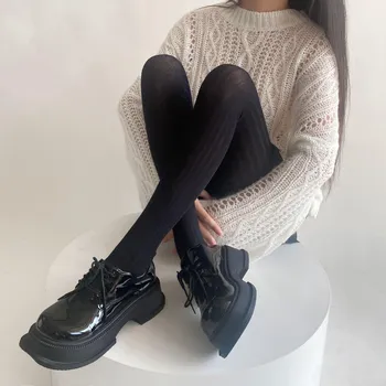 Осень-зима женские колготки однотонные черные белые JK Lolita длинные обтягивающие носки вертикальные полосы хлопковые носки выше колена черный серый