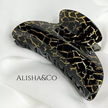ALISHA&CO. Крабик для волос большой черный Black & Gold Shell