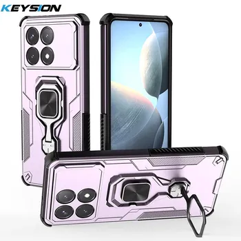KEYSION Shockproof Armor Case for POCO F6 Pro Soft Silicone+PC Upright Metal Ring Stand Phone Cover for Xiaomi POCO X6 Pro 5G for POCO F6 Pro чёрный