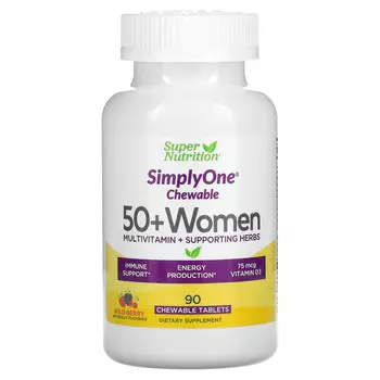 Super Nutrition, SimplyOne, мультивитамины и полезные травы для женщин старше 50 лет, вкус лесных ягод, 90 жевательных таблеток
