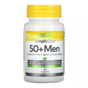 Super Nutrition, SimplyOne, мультивитамины и полезные травы для мужчин старше 50 лет, без железа, 30 таблеток