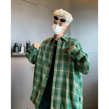 JUMPNEXT Trendy Brushed Plaid Shirt Unisex Spring Vintage American Style Loose Long Sleeve Shirt Couple Jacket M синий