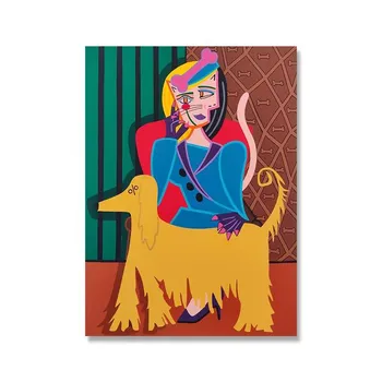 Рамка из цельного дерева, мультяшная милая кошка, леди с собакой, плакат и принты, картина на холсте с животными, абстрактная настенная картина для гостиной, спальни, домашний декор 15*20cm(with frame)
