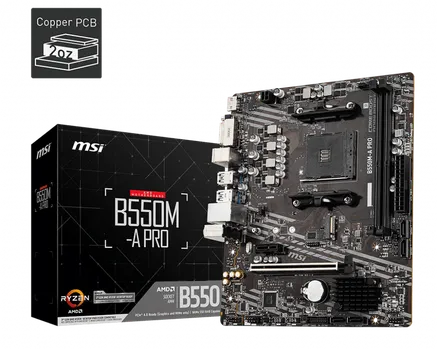 Материнская плата MSI B550M-A PRO, SocketAM4, AMD B550, 2xDDR4, PCI-Ex16, 4SATA3, 7.1-ch, GLAN, 6USB 3.2, DVI, HDMI, mATX, Retail