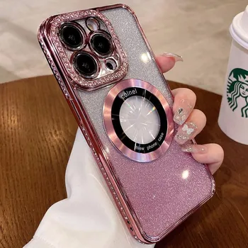 Роскошный блестящий чехол Magsafe с беспроводной зарядкой Diamond для iPhone 14 13 12 11 Pro Max Plus, чехлы с магнитным бампером For iPhone 11 чёрный