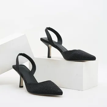 Fashion 2024 Summer Slingbacks Shoes Women Crystal Sandals Stilletos High Heels Flip Flops OL Ladies Rear Elastic Band Sandalias Mujer 5 синий