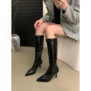Fashion 2024Women Leopard Print Boots Fashion Knee-High Pointed Toe Thin High Heels Shoes Zipper Long Booties Fashion Show Autumn Winter 35 цветной печати леопарда