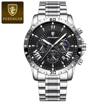 POEDAGAR Men Watches Stainless Steel Fashion Rose Gold Wristwatch Waterproof Luminous Quartz Chronograph Watches красный/розового золота