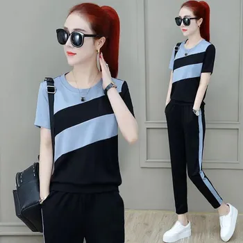 Women s Summer Sports and Leisure Suit Students Round Neck Short-sleeved Top + Sports Pants Striped Two-piece Set 3XL белый